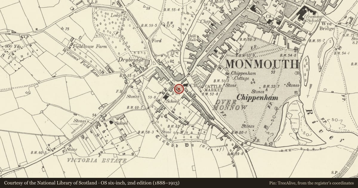 Ordnance Survey six-inch map, 2nd edition (1888–1913) covering the location of Overmonnow House, including attached railings, Monmouth, Monmouthshire, with a pin at the register's coordinates