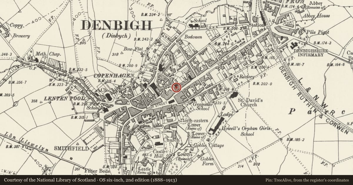 Ordnance Survey six-inch map, 2nd edition (1888–1913) covering the location of Former Manse at Capel Lon Swan, Denbigh, Denbighshire, with a pin at the register's coordinates