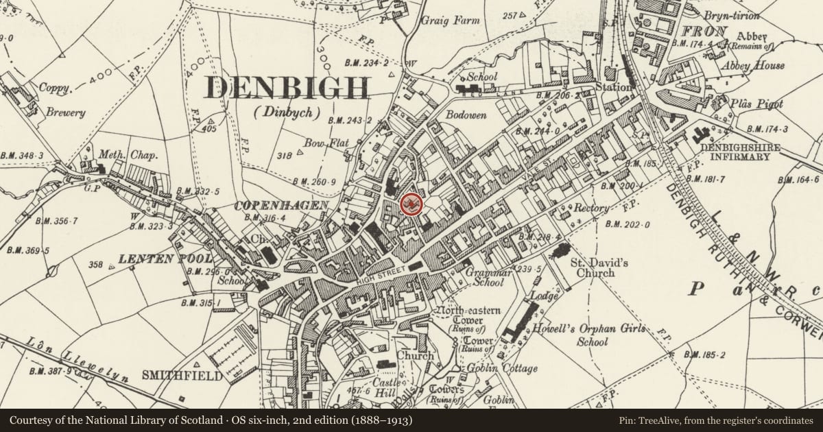 Ordnance Survey six-inch map, 2nd edition (1888–1913) covering the location of 15 Chapel Street, Denbigh, Denbighshire, with a pin at the register's coordinates