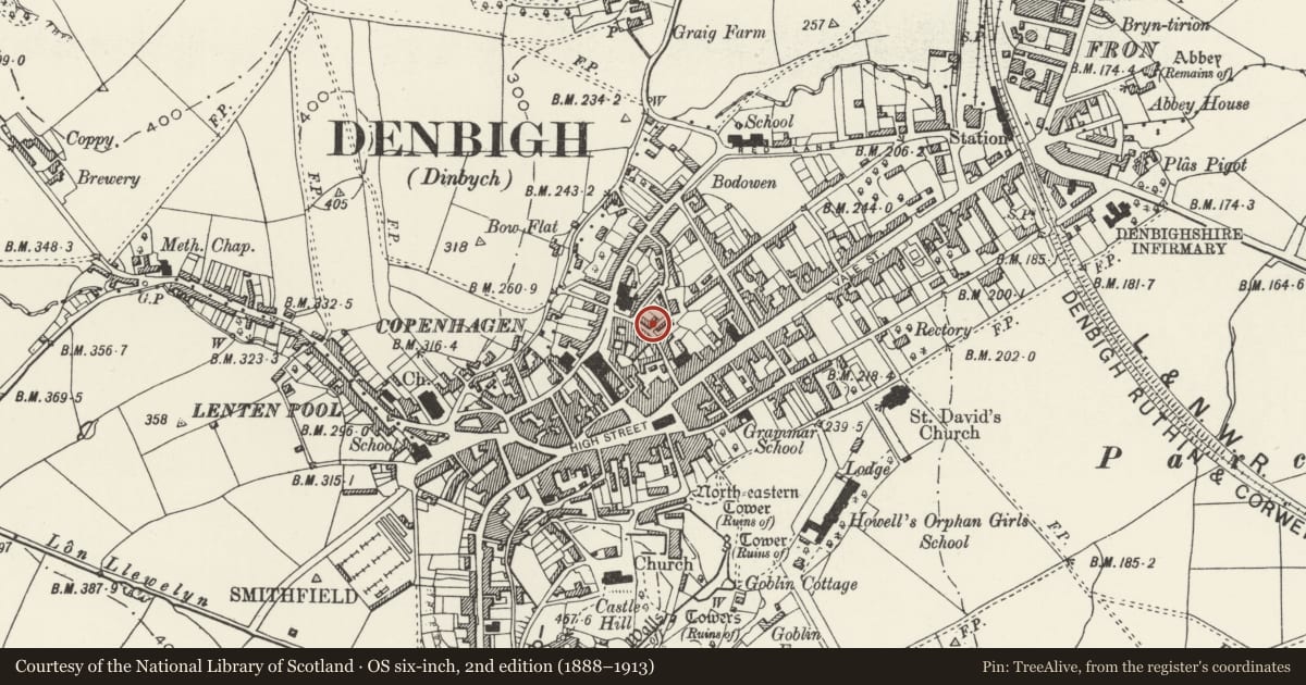 Ordnance Survey six-inch map, 2nd edition (1888–1913) covering the location of 17 Chapel Street, Denbigh, Denbighshire, with a pin at the register's coordinates