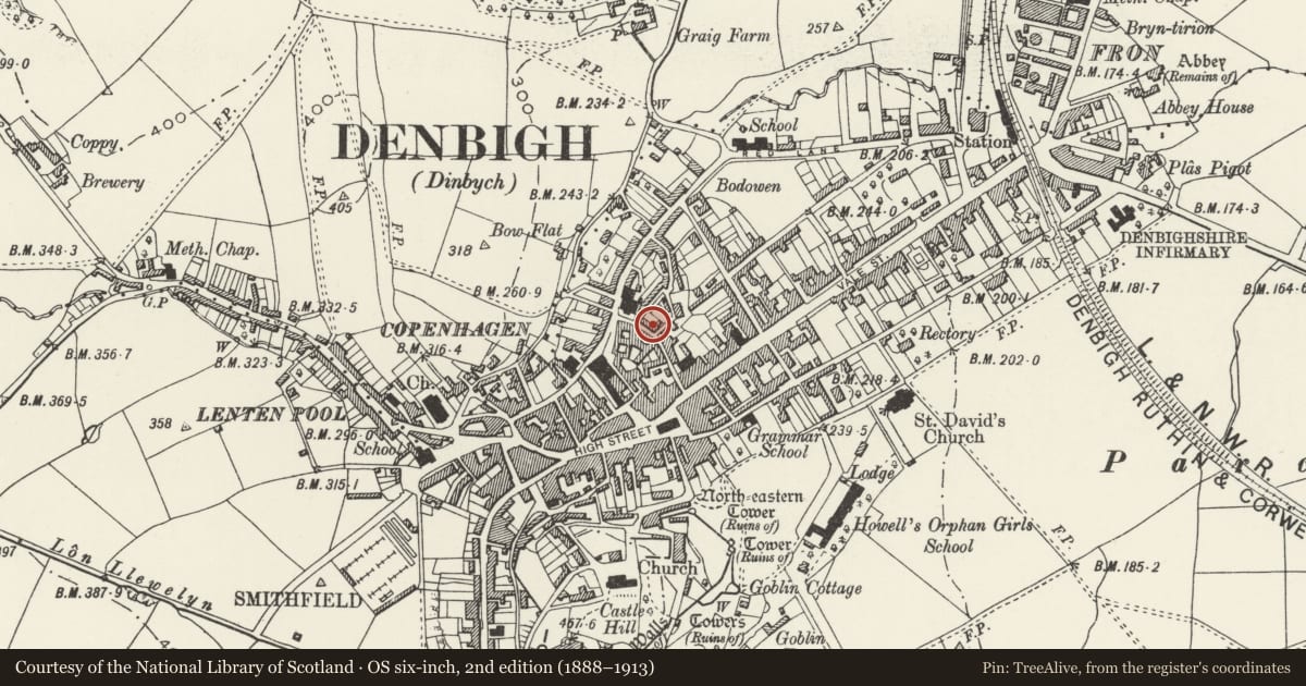 Ordnance Survey six-inch map, 2nd edition (1888–1913) covering the location of 19 Chapel Street, Denbigh, Denbighshire, with a pin at the register's coordinates