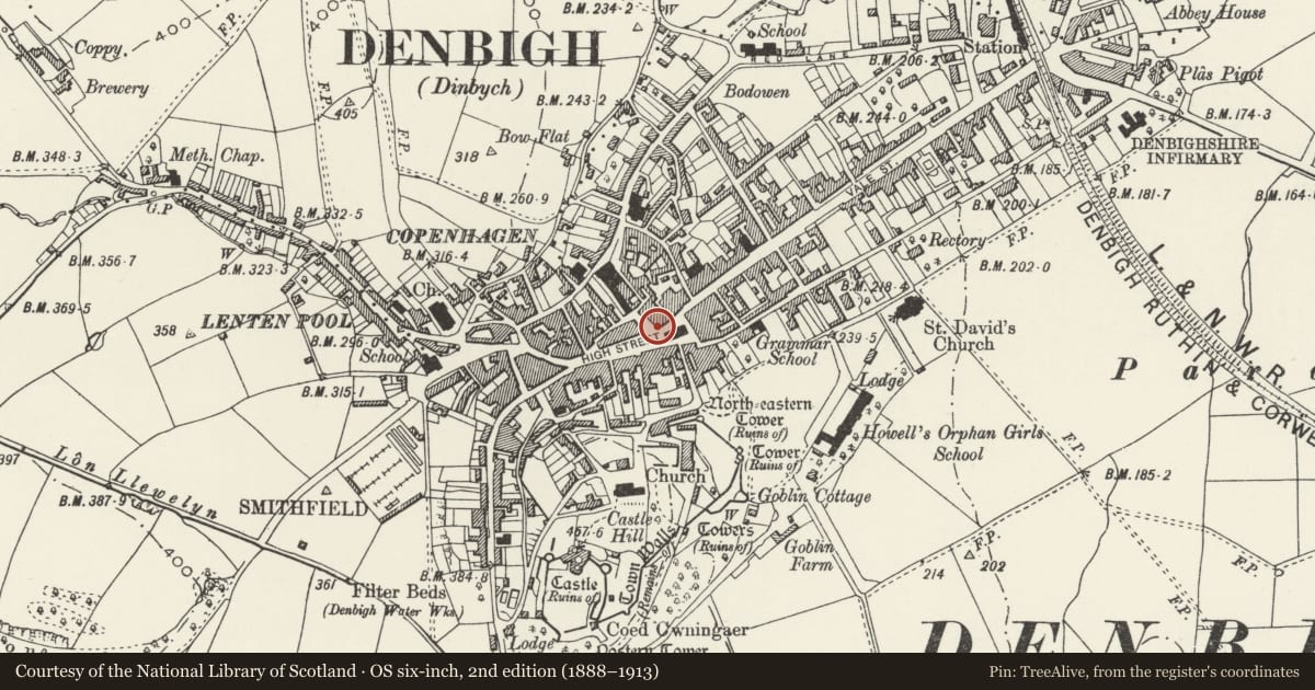 Ordnance Survey six-inch map, 2nd edition (1888–1913) covering the location of War Memorial, Denbigh, Denbighshire, with a pin at the register's coordinates