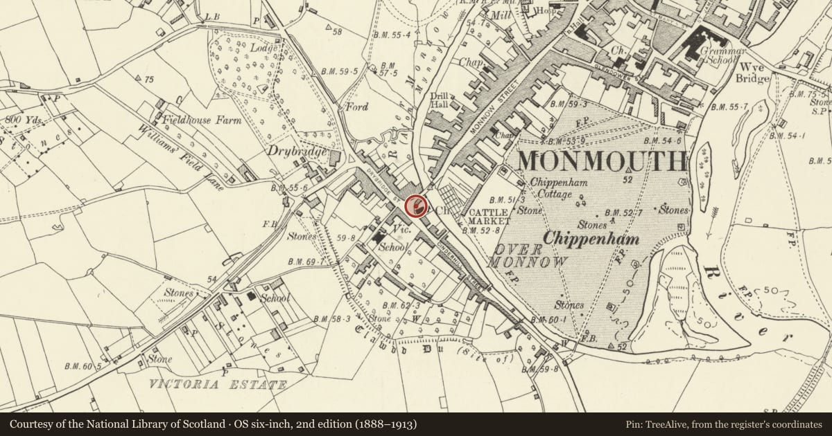 Ordnance Survey six-inch map, 2nd edition (1888–1913) covering the location of Diamond Jubilee Drinking Fountain, Monmouth, Monmouthshire, with a pin at the register's coordinates