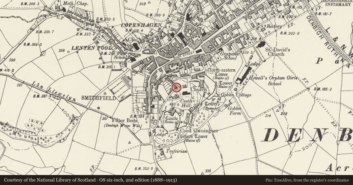 Ordnance Survey six-inch map, 2nd edition (1888–1913) covering the location of 54 Tower Hill, Denbigh, Denbighshire, with a pin at the register's coordinates