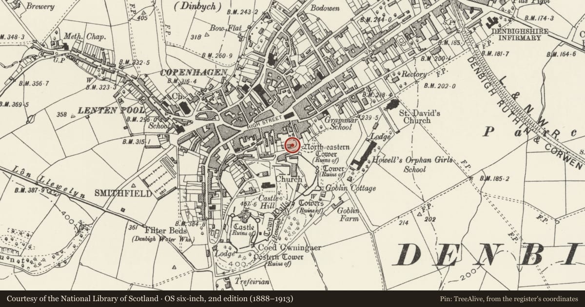 Ordnance Survey six-inch map, 2nd edition (1888–1913) covering the location of 14 Bull Lane, Denbigh, Denbighshire, with a pin at the register's coordinates