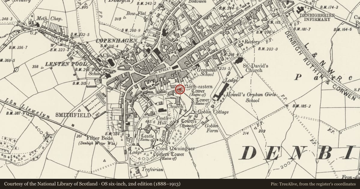 Ordnance Survey six-inch map, 2nd edition (1888–1913) covering the location of Y Bryn, including terrace revetment walls, Denbigh, Denbighshire, with a pin at the register's coordinates