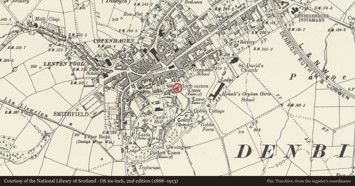 Ordnance Survey six-inch map, 2nd edition (1888–1913) covering the location of Is Gaer, including terrace revetment walls, Denbigh, Denbighshire, with a pin at the register's coordinates
