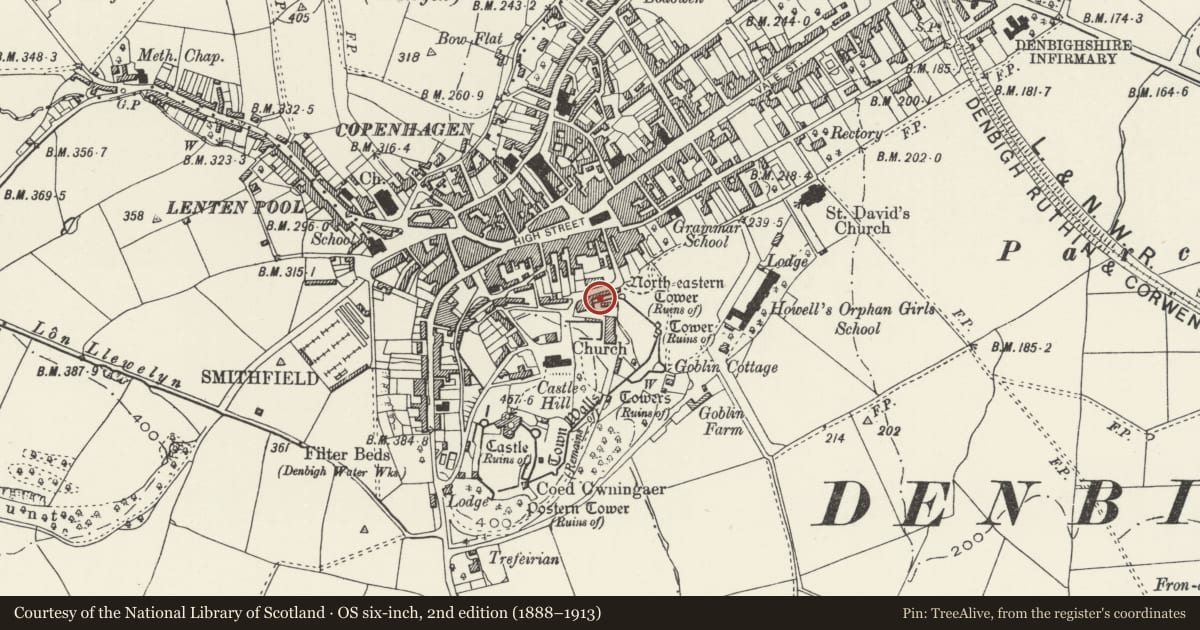 Ordnance Survey six-inch map, 2nd edition (1888–1913) covering the location of Bryn Orme, including terrace revetment walls, Denbigh, Denbighshire, with a pin at the register's coordinates