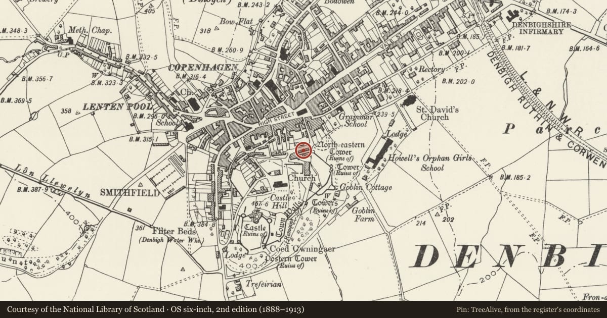Ordnance Survey six-inch map, 2nd edition (1888–1913) covering the location of House adjoining Bryn Orme, Denbigh, Denbighshire, with a pin at the register's coordinates
