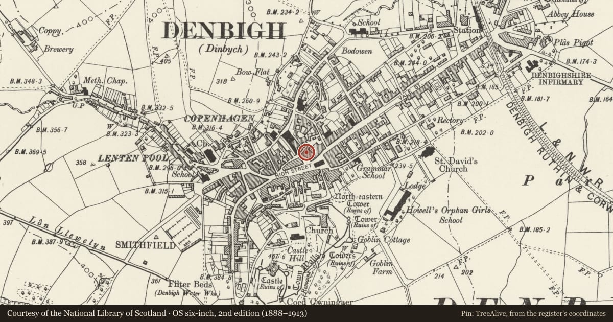 Ordnance Survey six-inch map, 2nd edition (1888–1913) covering the location of Alton Murphy Opticians Premises, Denbigh, Denbighshire, with a pin at the register's coordinates