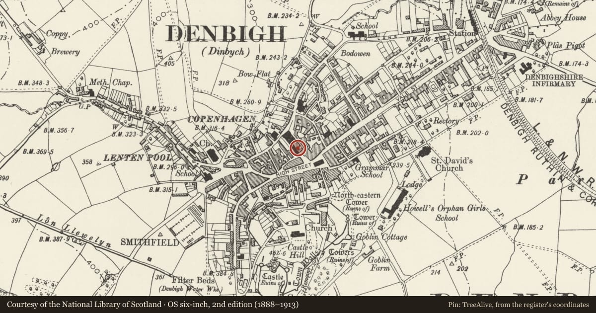 Ordnance Survey six-inch map, 2nd edition (1888–1913) covering the location of Town Hall, Denbigh, Denbighshire, with a pin at the register's coordinates