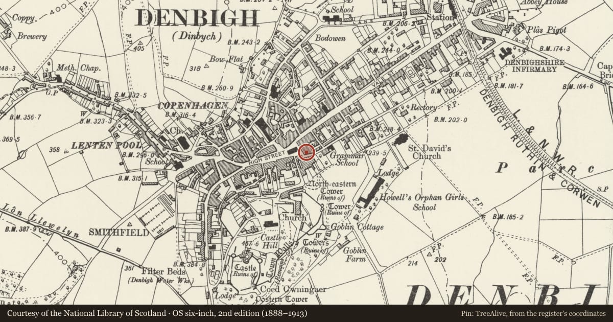 Ordnance Survey six-inch map, 2nd edition (1888–1913) covering the location of 12-14 Hall Square, Denbigh, Denbighshire, with a pin at the register's coordinates
