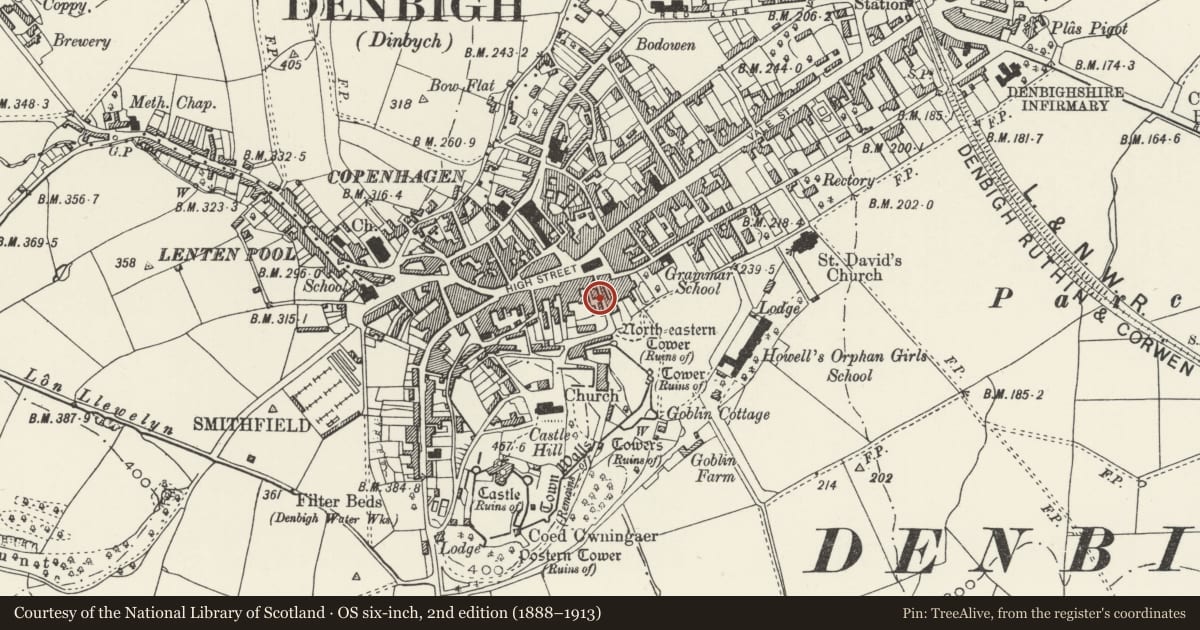 Ordnance Survey six-inch map, 2nd edition (1888–1913) covering the location of Post Office, including shop premises on corner of Bull Lane, Denbigh, Denbighshire, with a pin at the register's coordinates