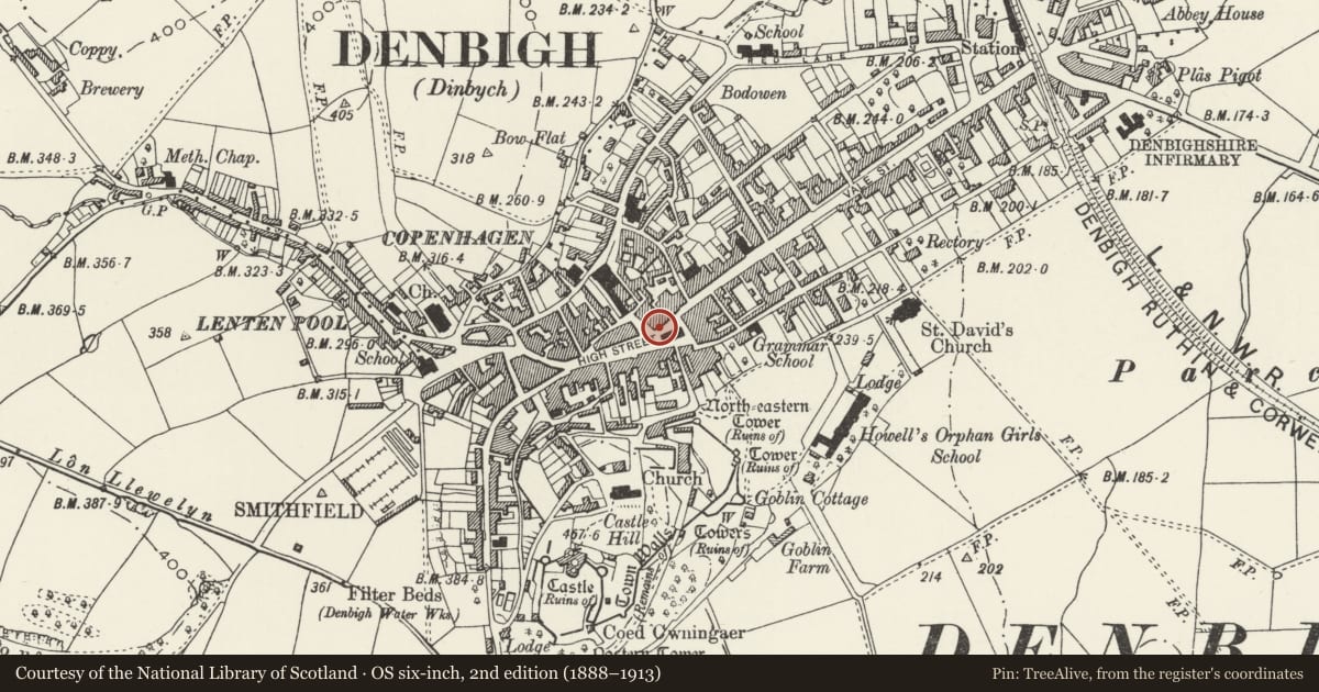 Ordnance Survey six-inch map, 2nd edition (1888–1913) covering the location of World Choice Travel, Denbigh, Denbighshire, with a pin at the register's coordinates