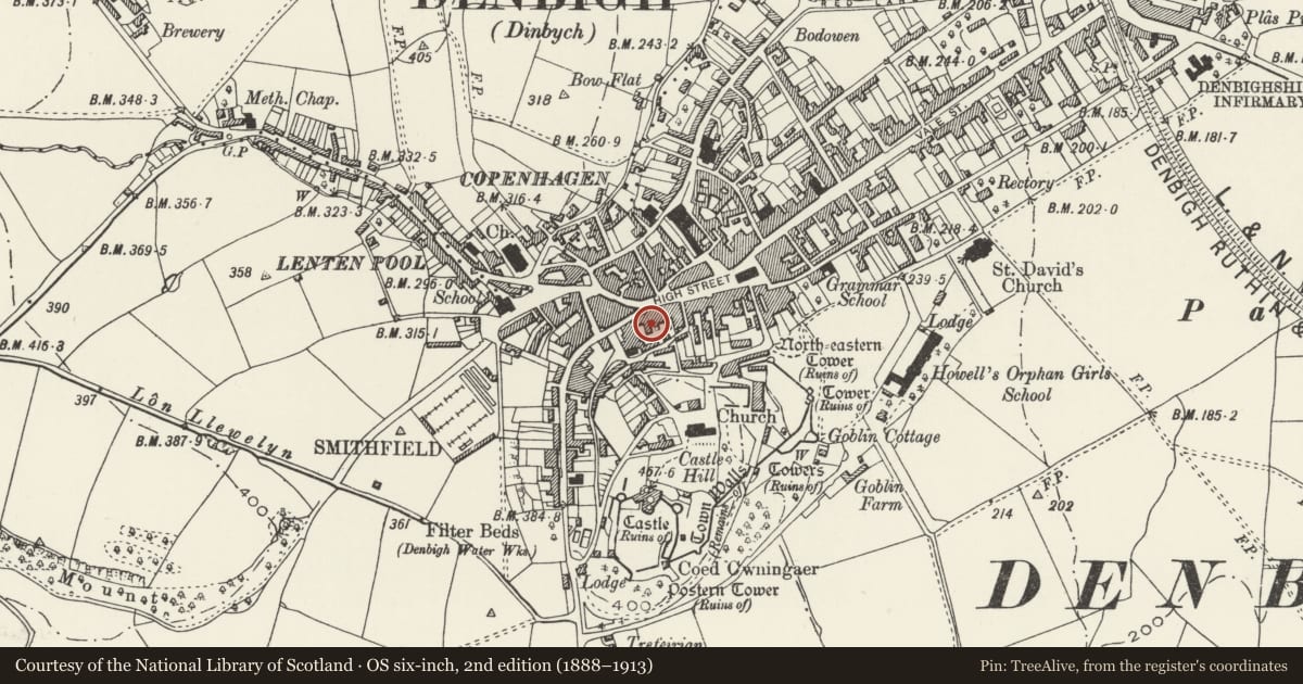 Ordnance Survey six-inch map, 2nd edition (1888–1913) covering the location of E Jones and Sons Electrical Appliances, Denbigh, Denbighshire, with a pin at the register's coordinates