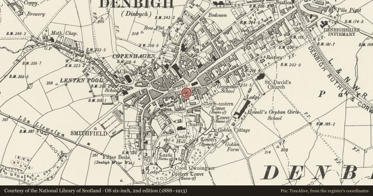 Ordnance Survey six-inch map, 2nd edition (1888–1913) covering the location of Crown Carpets, Denbigh, Denbighshire, with a pin at the register's coordinates