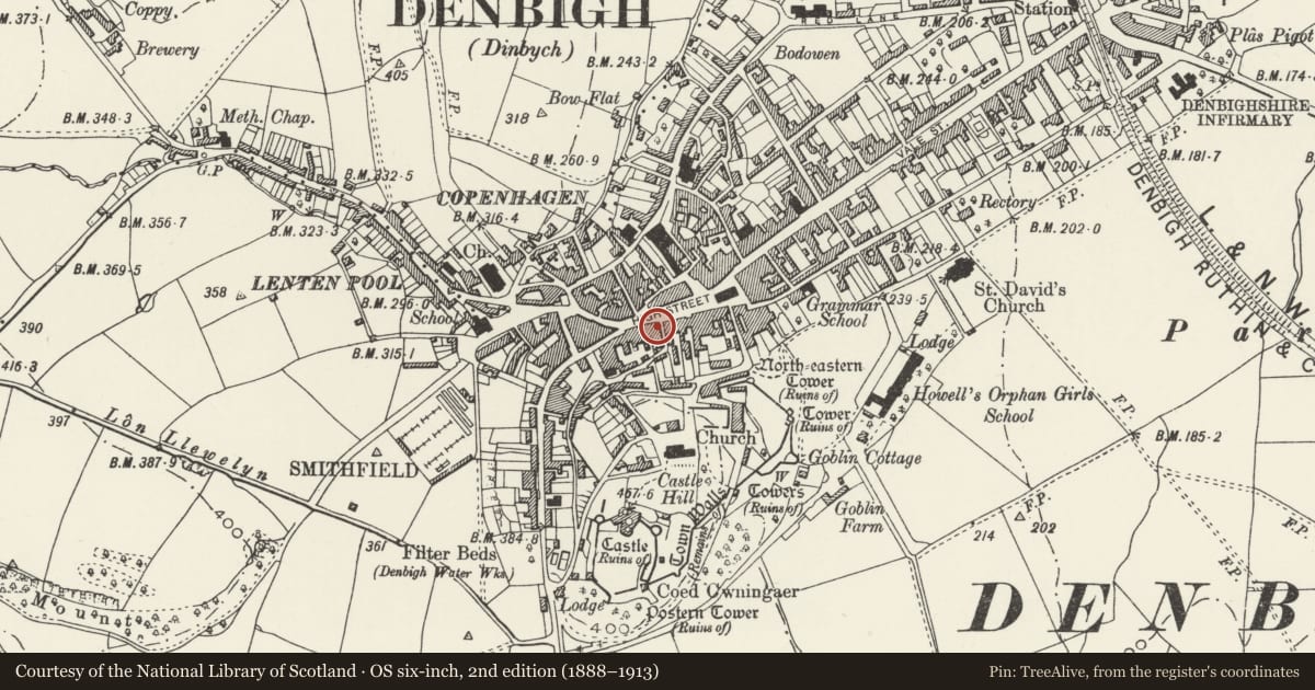 Ordnance Survey six-inch map, 2nd edition (1888–1913) covering the location of Roberts Fruit and Veg, Denbigh, Denbighshire, with a pin at the register's coordinates