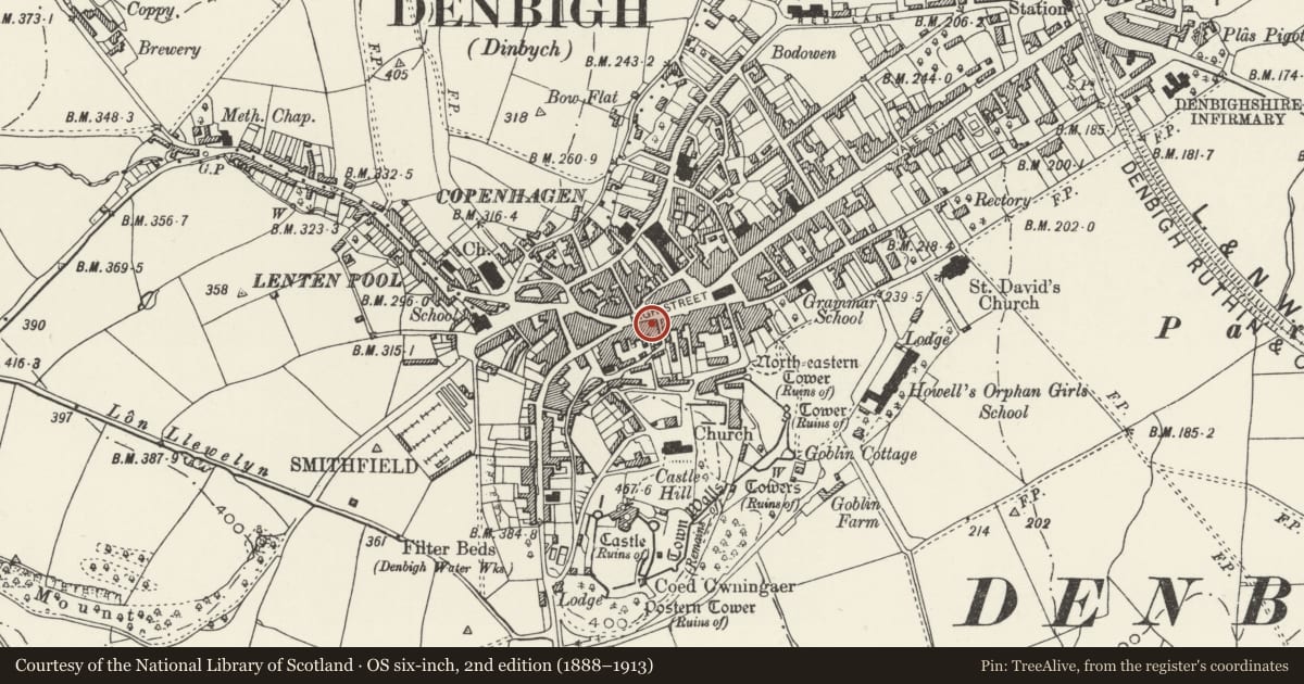 Ordnance Survey six-inch map, 2nd edition (1888–1913) covering the location of The Flower Basket, Denbigh, Denbighshire, with a pin at the register's coordinates