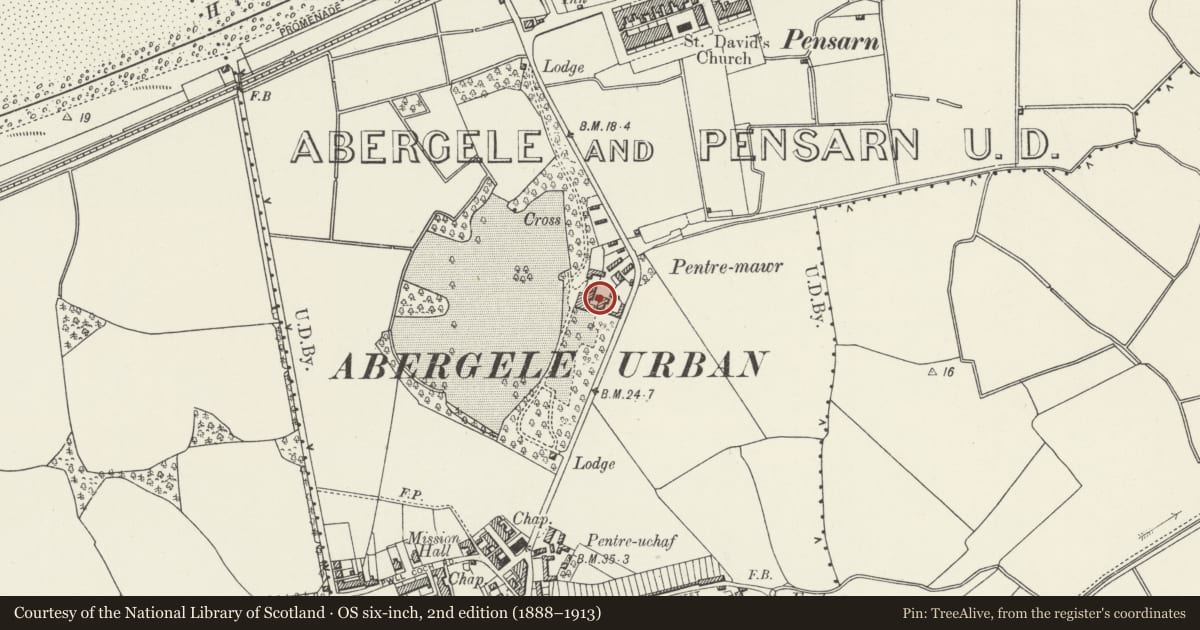 Ordnance Survey six-inch map, 2nd edition (1888–1913) covering the location of Pentre-mawr, Abergele, Conwy, with a pin at the register's coordinates