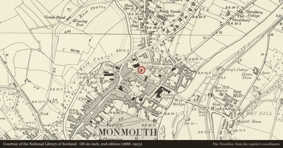 Ordnance Survey six-inch map, 2nd edition (1888–1913) covering the location of Merchant House, Monmouth, Monmouthshire, with a pin at the register's coordinates