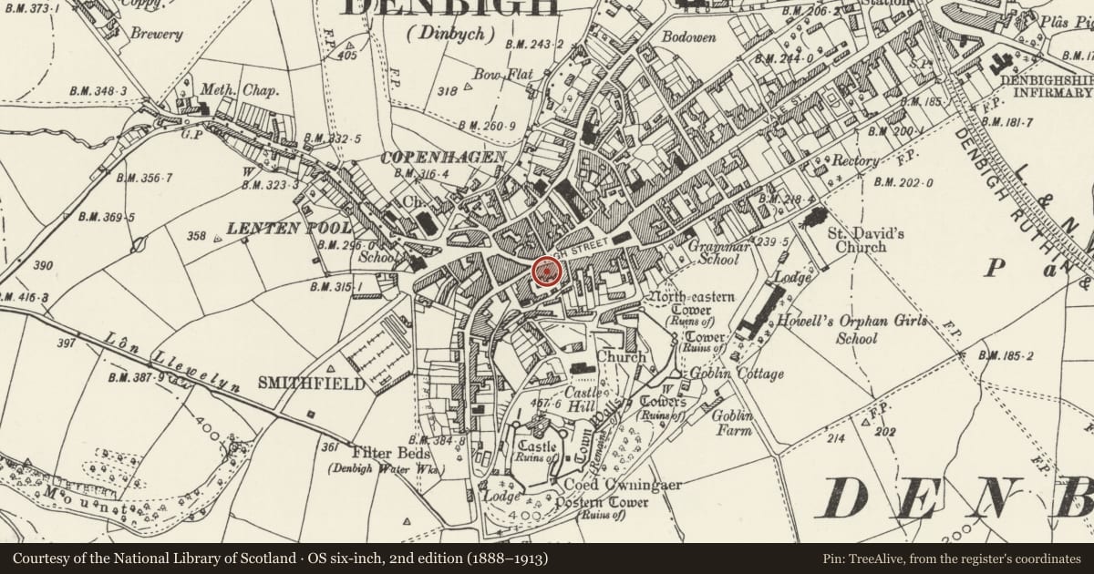 Ordnance Survey six-inch map, 2nd edition (1888–1913) covering the location of The Star Shop (Halifax Building Society), Denbigh, Denbighshire, with a pin at the register's coordinates