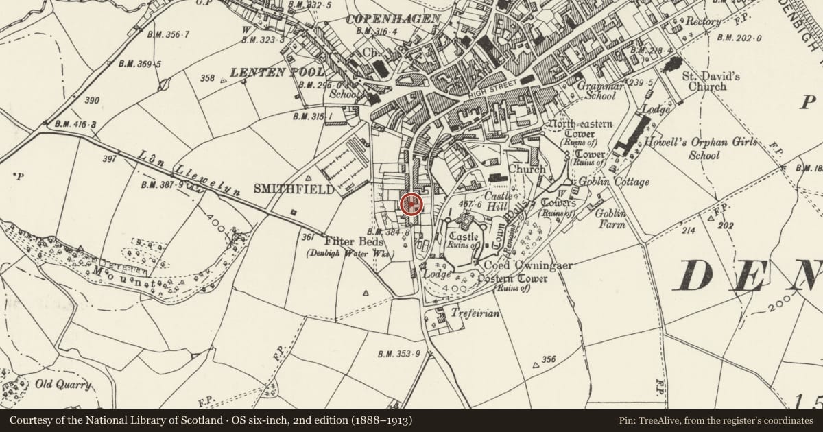 Ordnance Survey six-inch map, 2nd edition (1888–1913) covering the location of 54 Love Lane, Denbigh, Denbighshire, with a pin at the register's coordinates