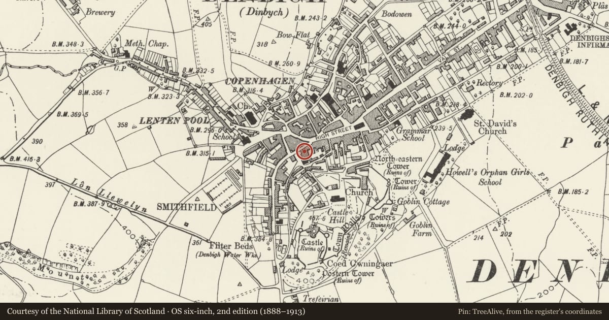 Ordnance Survey six-inch map, 2nd edition (1888–1913) covering the location of 7 Highgate, Denbigh, Denbighshire, with a pin at the register's coordinates
