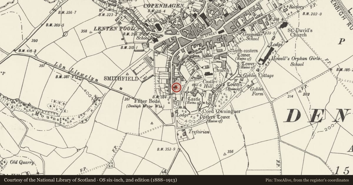Ordnance Survey six-inch map, 2nd edition (1888–1913) covering the location of Former British School, Denbigh, Denbighshire, with a pin at the register's coordinates