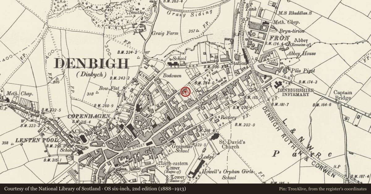 Ordnance Survey six-inch map, 2nd edition (1888–1913) covering the location of Summerhouse in the garden of Grovehurst, Denbigh, Denbighshire, with a pin at the register's coordinates