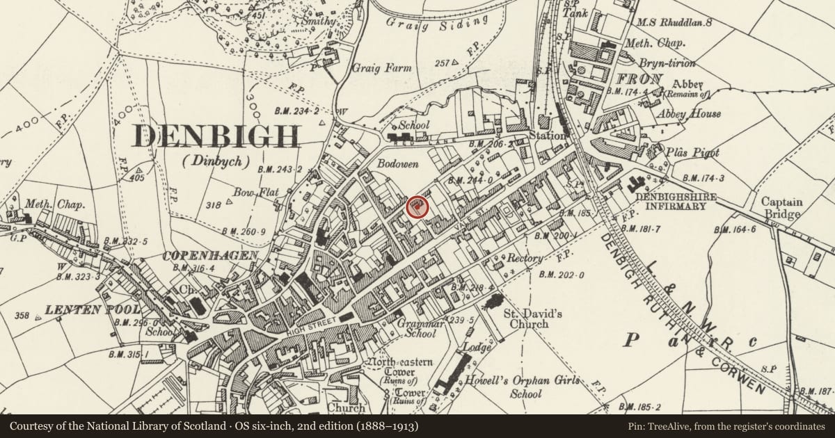 Ordnance Survey six-inch map, 2nd edition (1888–1913) covering the location of Garden Wall at Grovehurst, Denbigh, Denbighshire, with a pin at the register's coordinates