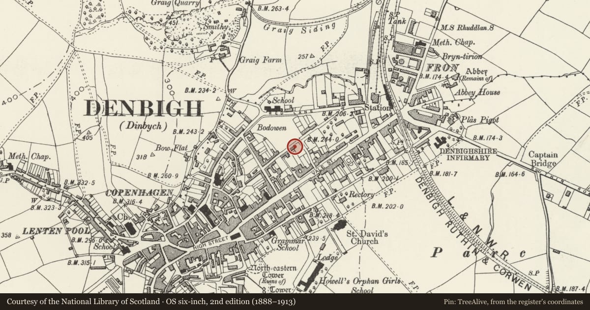 Ordnance Survey six-inch map, 2nd edition (1888–1913) covering the location of Garden Wall adjacent to Tan-y-Fron, Denbigh, Denbighshire, with a pin at the register's coordinates