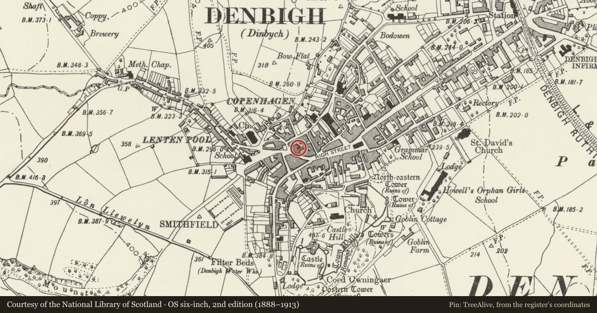 Ordnance Survey six-inch map, 2nd edition (1888–1913) covering the location of The Plough PH, Denbigh, Denbighshire, with a pin at the register's coordinates