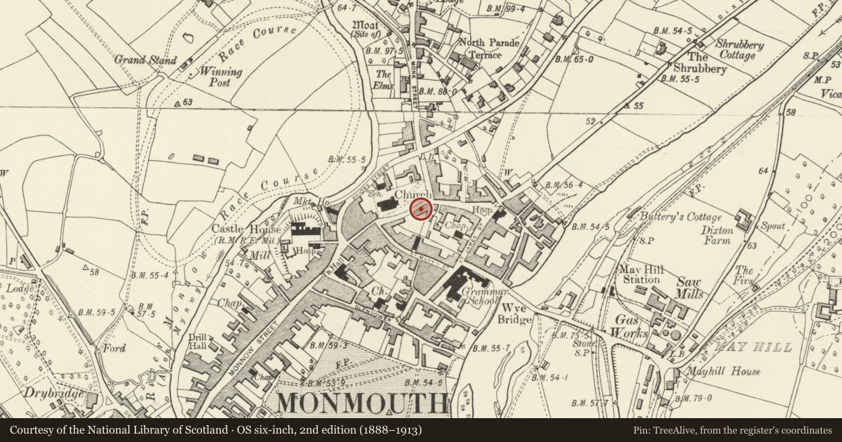 Ordnance Survey six-inch map, 2nd edition (1888–1913) covering the location of Priory House Conservative Club, Monmouth, Monmouthshire, with a pin at the register's coordinates