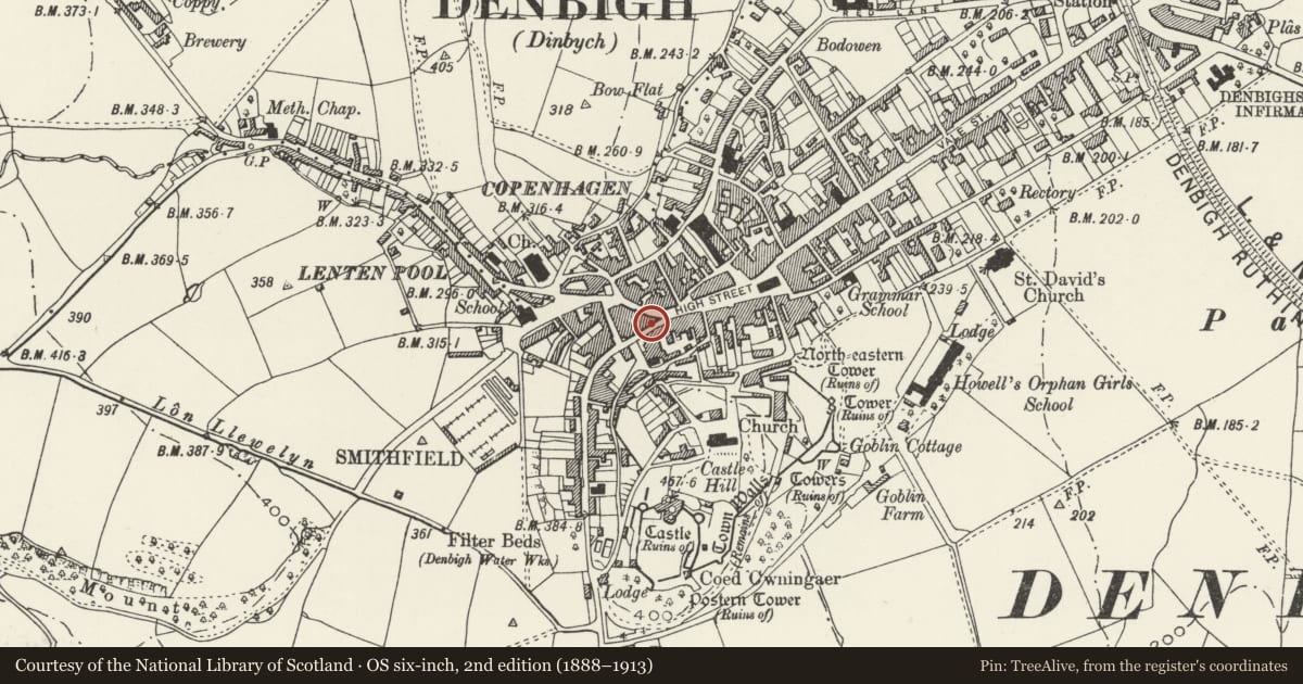 Ordnance Survey six-inch map, 2nd edition (1888–1913) covering the location of Denbigh Conservative Club (Former Constitutional Club), Denbighshire, with a pin at the register's coordinates