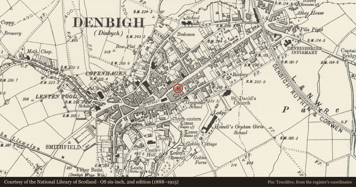 Ordnance Survey six-inch map, 2nd edition (1888–1913) covering the location of Kings Arms PH, Denbigh, Denbighshire, with a pin at the register's coordinates