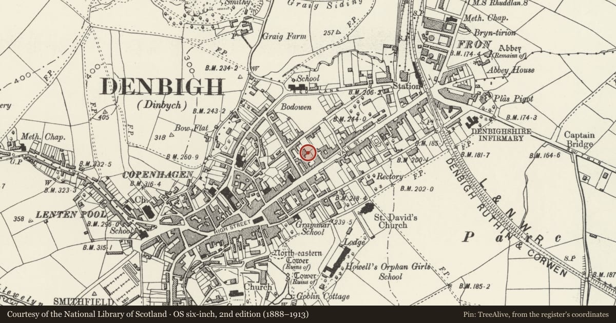 Ordnance Survey six-inch map, 2nd edition (1888–1913) covering the location of Former House at the Hawk and Buckle Inn, Denbigh, Denbighshire, with a pin at the register's coordinates