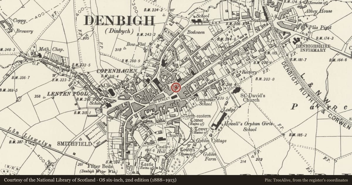 Ordnance Survey six-inch map, 2nd edition (1888–1913) covering the location of Just Travel, Denbigh, Denbighshire, with a pin at the register's coordinates