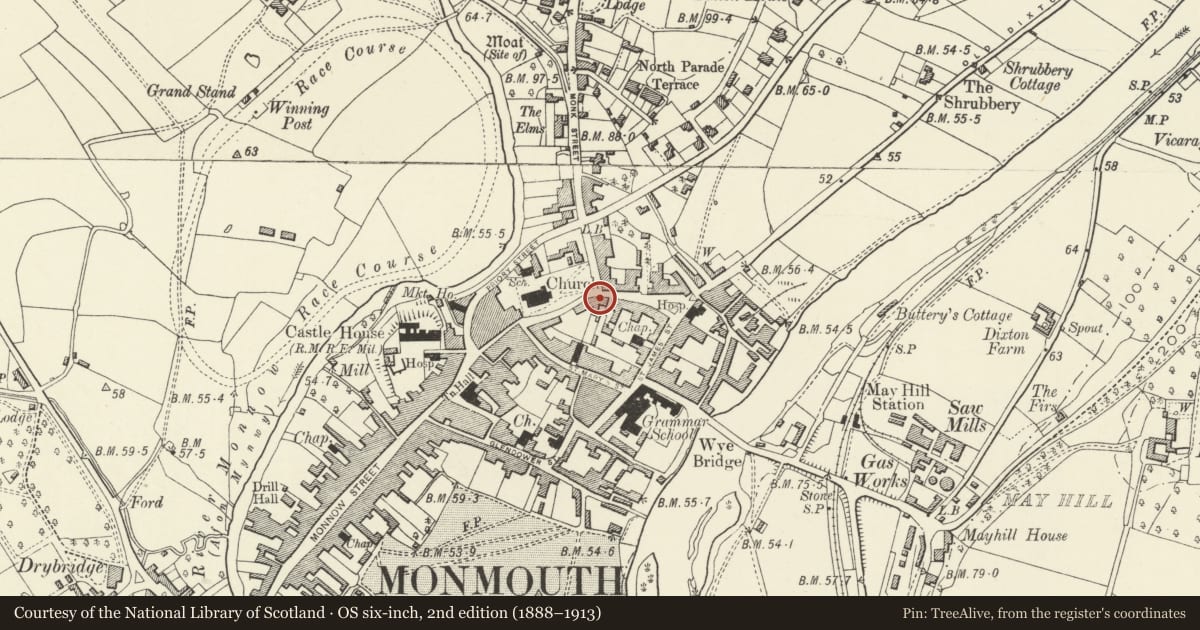 Ordnance Survey six-inch map, 2nd edition (1888–1913) covering the location of Whitecross House, including No 1 Powell Court and attached front railings, Monmouth, Monmouthshire, with a pin at the register's coordinates