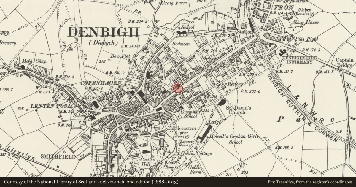 Ordnance Survey six-inch map, 2nd edition (1888–1913) covering the location of Excess, Denbigh, Denbighshire, with a pin at the register's coordinates