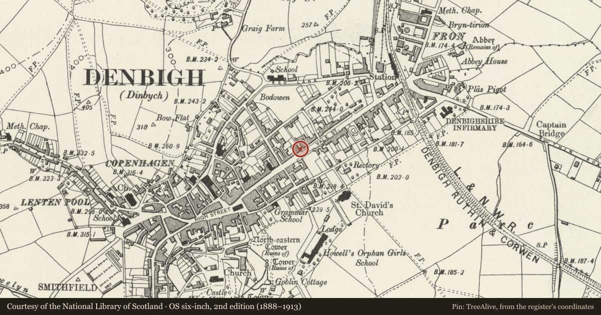 Ordnance Survey six-inch map, 2nd edition (1888–1913) covering the location of 59 Vale Street, Denbigh, Denbighshire, with a pin at the register's coordinates