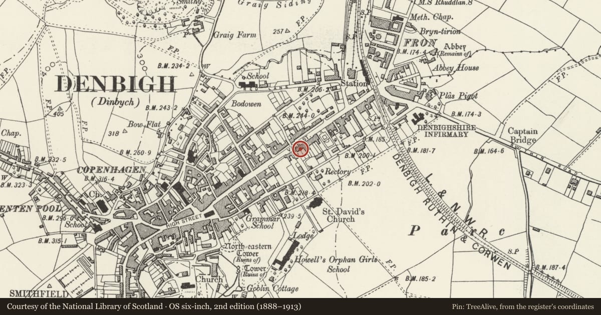 Ordnance Survey six-inch map, 2nd edition (1888–1913) covering the location of Bryn Collen, including forecourt walls and railings, Denbigh, Denbighshire, with a pin at the register's coordinates