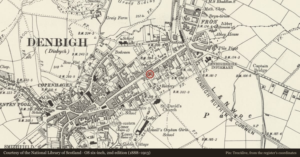 Ordnance Survey six-inch map, 2nd edition (1888–1913) covering the location of 70 Vale Street, incl forecourt walls and railings, Denbigh, Denbighshire, with a pin at the register's coordinates