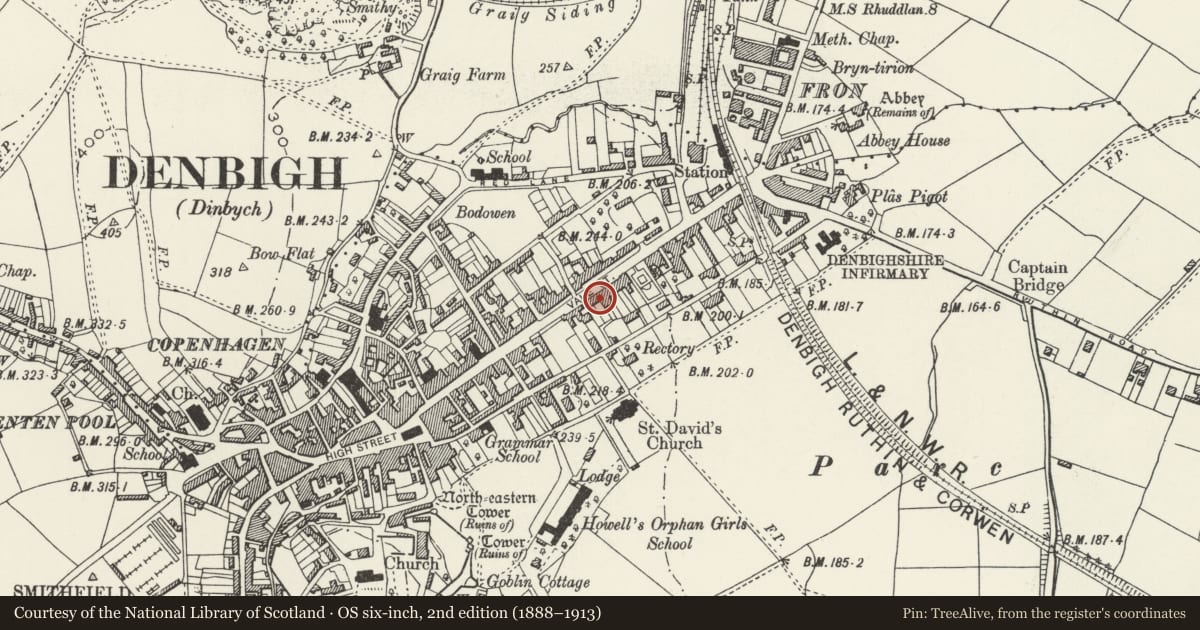Ordnance Survey six-inch map, 2nd edition (1888–1913) covering the location of Cwm Eithin, including forecourt walls and railings, Denbigh, Denbighshire, with a pin at the register's coordinates