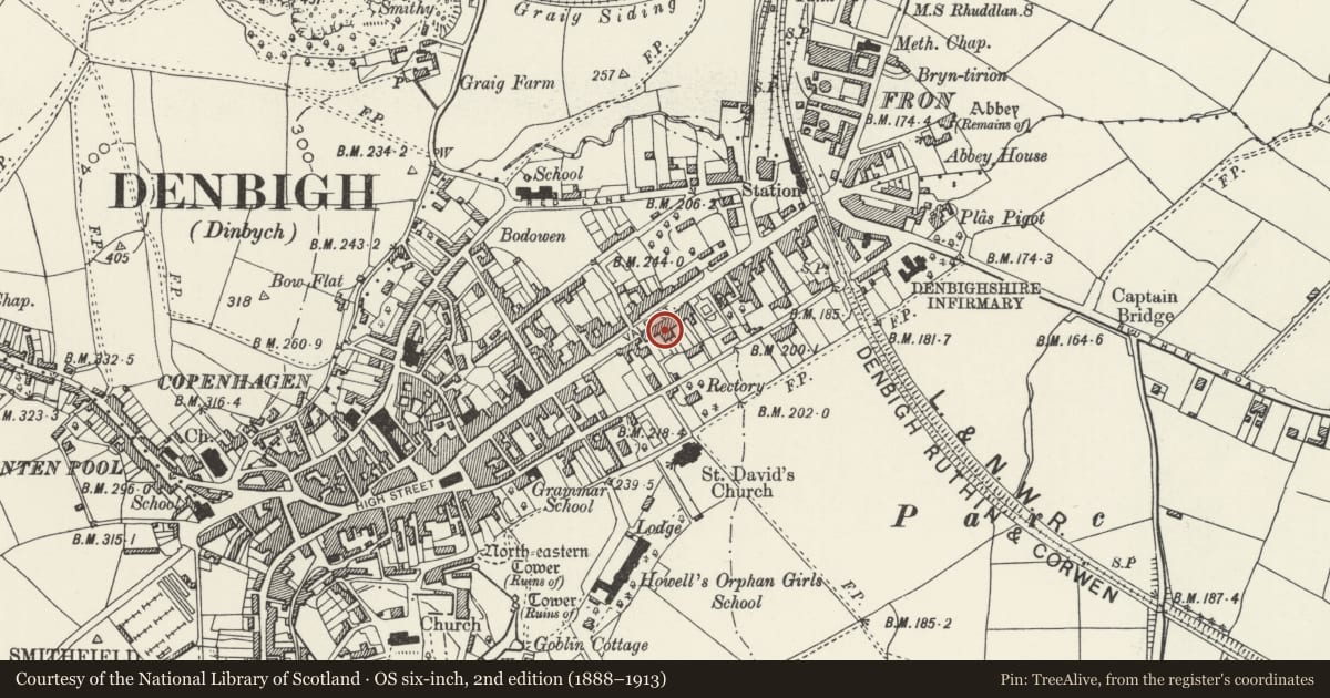 Ordnance Survey six-inch map, 2nd edition (1888–1913) covering the location of 74 Vale Street, inc forecourt walls and railings, Denbigh, Denbighshire, with a pin at the register's coordinates
