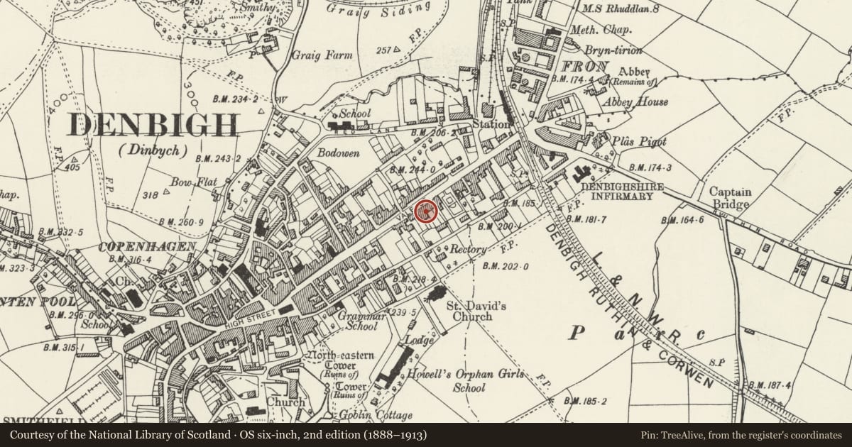Ordnance Survey six-inch map, 2nd edition (1888–1913) covering the location of 76 Vale Street, inc forecourt walls, Denbigh, Denbighshire, with a pin at the register's coordinates