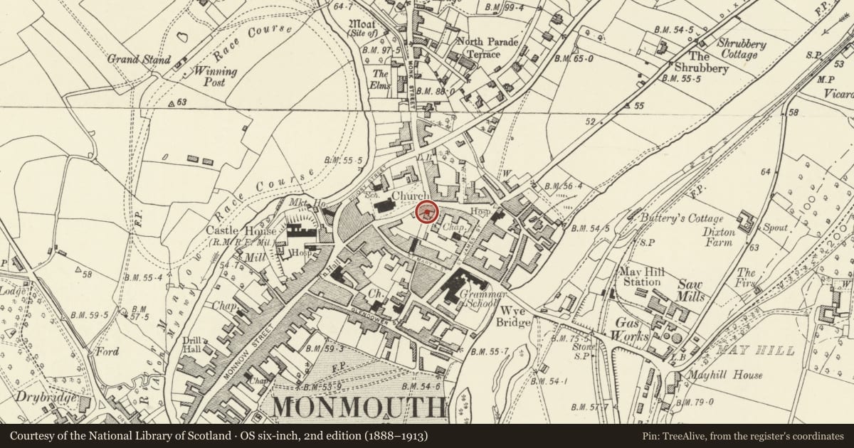 Ordnance Survey six-inch map, 2nd edition (1888–1913) covering the location of Holly House, Monmouth, Monmouthshire, with a pin at the register's coordinates