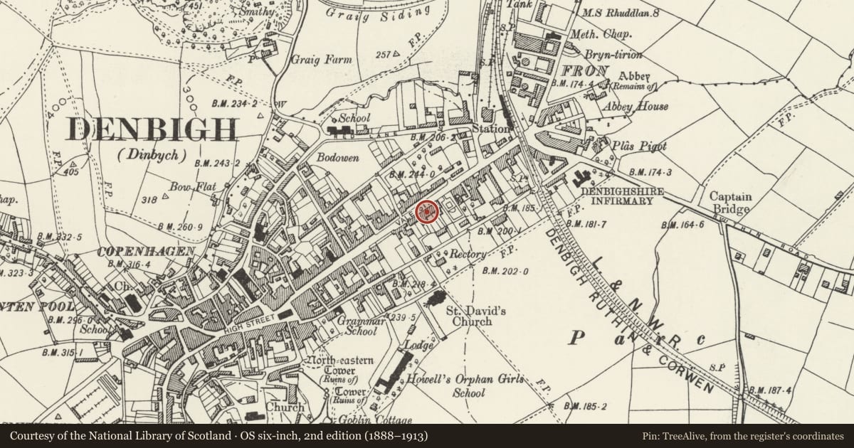 Ordnance Survey six-inch map, 2nd edition (1888–1913) covering the location of Garth, Denbigh, Denbighshire, with a pin at the register's coordinates