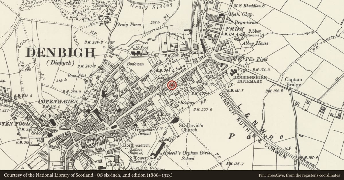 Ordnance Survey six-inch map, 2nd edition (1888–1913) covering the location of Arosfa, Denbigh, Denbighshire, with a pin at the register's coordinates