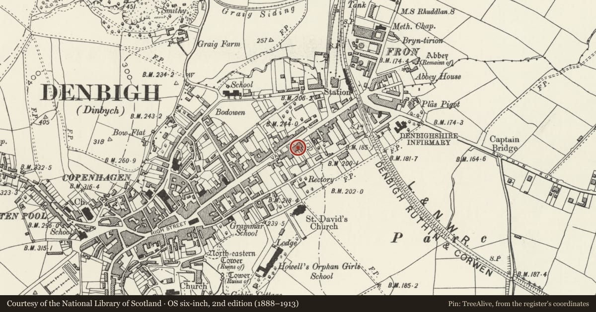 Ordnance Survey six-inch map, 2nd edition (1888–1913) covering the location of Minffordd, Denbigh, Denbighshire, with a pin at the register's coordinates
