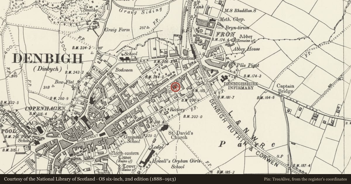Ordnance Survey six-inch map, 2nd edition (1888–1913) covering the location of Former Slaughterhouse to the rear of No.92 (J.H Jones, Butchers), Denbigh, Denbighshire, with a pin at the register's coordinates